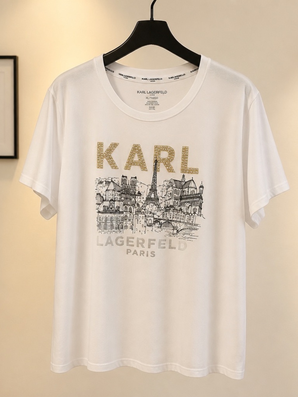 Karl Lagerfeld White Short Sleeve Tee with Gold 'KARL' and Paris Sketch